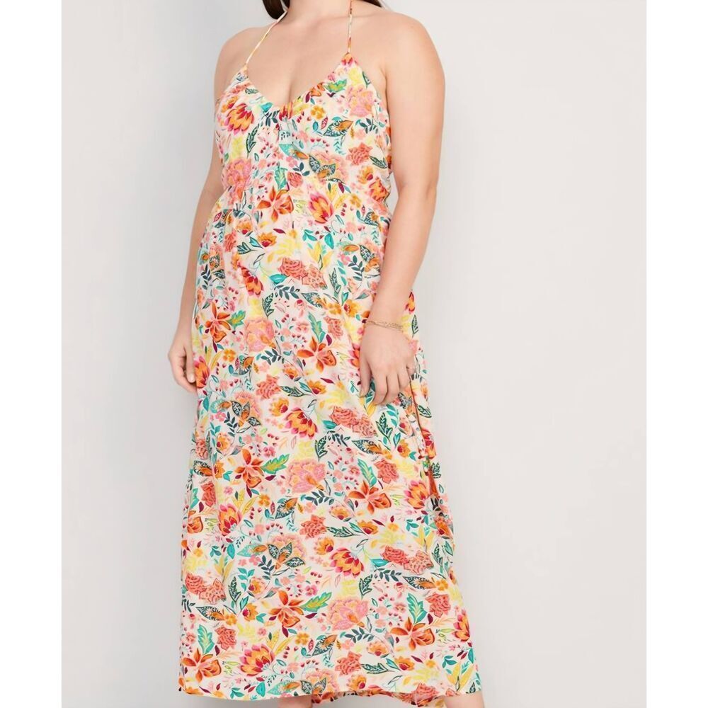 NWT Old Navy Dress Women's XL Tall White Multicolor Floral Crinkled Halter Maxi